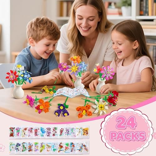 24 Pack Flowers Valentines Party Favors for Kids Building Set - 789PCS Flowers 3.6MM Mini Building Block Toy for Valentines Day Classroom Prize Stocking Stuffer Birthday Return Gift for Girl Boy 6+ thumbnail 4