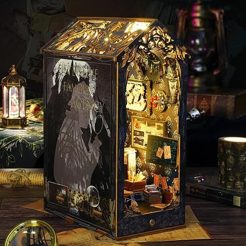 ISSEVE DIY Book Nook Kit, 3D Wooden Puzzle DIY Miniature House Kit for Booknook Shelf Insert Decoration, Magic Book House Stand Bookshelf Dollhouse for Adults with Sensor Light (Detective Agency) thumbnail 6