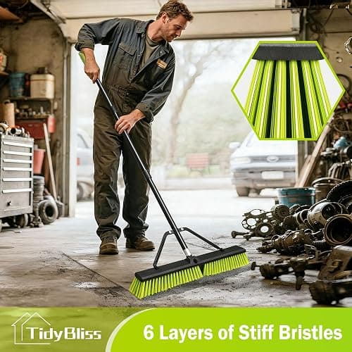 TidyBliss 24” Wide Push Broom Outdoor Heavy Duty with 63” Long Handle | 6 Layers Stiff Bristles Brush, Convenient Storage, Commercial, for Garage Shop Garden Yard Patio Deck Street Warehouse Lawn thumbnail 4