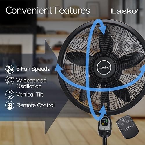 Lasko Oscillating Cyclone Pedestal Fan, Adjustable Height, Timer, Remote Control, 3 Speeds, for Bedroom, Living Room, Home Office, 18", Black, 1843 thumbnail 3