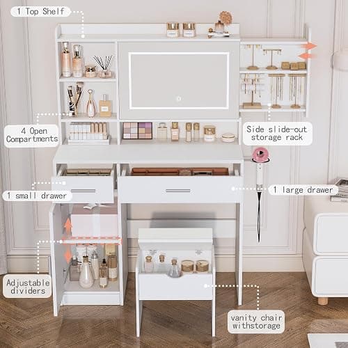 Viaozutis Vanity Desk with Mirror and Lights, with Hidden Shelves,4 Compartments,2 Drawers,Cabinet & Stool,Dimmable LED Lights,Power Outlets, Ideal for Bedroom Vanity Organization(White) thumbnail 5