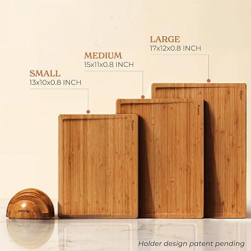 SMIRLY Wood Cutting Boards for Kitchen Wooden Chopping Board Set Reversible with Deep Juice Grooves Grip Handles, Large Charcuterie Tray, New Apartment Essentials, Carbonized Bamboo, 3Pcs with Holder thumbnail 6