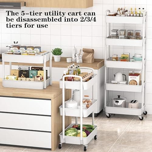 Sywhitta 5-Tier Plastic Rolling Utility Cart with Handle, Multi-Functional Storage Trolley for Office, Living Room, Kitchen, Movable Storage Organizer with Wheels, White thumbnail 4