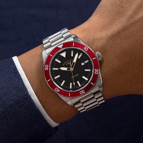 Rotary Men's Apex100 Red Bezel Stainless Steel Bracelet Watch thumbnail 2