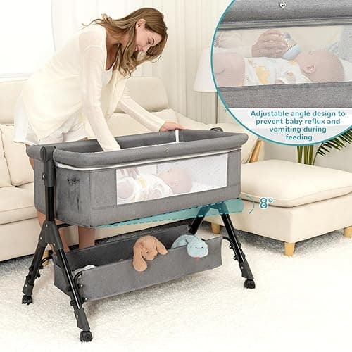 3 in 1 Baby Bassinet Bedside Sleeper, Bedside Crib for Baby, Adjustable Baby Bassinet with Wheels, Storage Basket, Mattress, Easy Assemble & Folding Portable Baby Cradle (Grey) - Grey thumbnail 4
