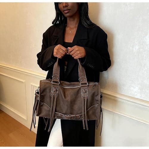 Hibilog Women’s Large PU Tote Bag, Retro Shoulder Boston Bag Vintage Accent, Casual Top Handle Fall Purse for Travel Commute thumbnail 3