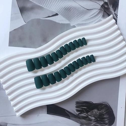Matte Dark Green Press on Nails Short Medium Square Glue on Nails Set,KQueenest Solid Color Fake Nails Short Coffin Acrylic Nails Press on Gel Nails for Women Reusable False Nails in 24 Pcs - matte dark green thumbnail 5