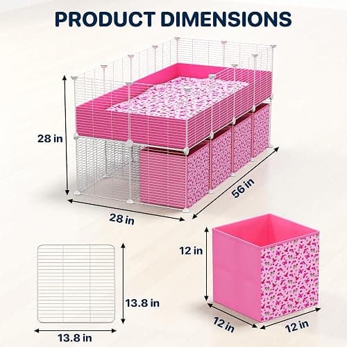 TINY ROYALS 32 Panels 2x4 Pink C&C Cage for Guinea Pigs with Stand 56x28 in Space-Saving 5mm Waterproof coroplast Washable Fleece Liner and 4 Storage Boxes Small Animal Playpen Bunny Cage Hedgehog thumbnail 9