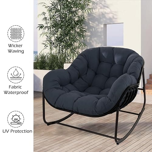 Quinora Papasan Rocking Chair, Oversized Papasan Chair with Cushion and Frame for Indoor& Outdoor, Deep Seat Egg-Shaped Rocker Chair for Garden, Deck, Living Room, Blue thumbnail 4