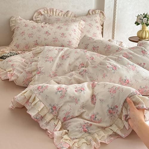 VM VOUGEMARKET Pink Rose Flower Duvet Cover Set Queen Romantic Lace Ruffled Bedding Set Soft Muslin Cotton,Breathable Linen Like Gauze Comforter Cover with Zipper Closure 90"x90" thumbnail 6