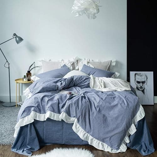SUSYBAO Blue White Striped Duvet Cover Queen 100% Washed Cotton Denim Blue Ruffle 3 Pieces Set 1 Cute White Lace Duvet Cover with Zipper Ties 2 Pillow Shams Denim Ruffled Bedding Set - Image 1