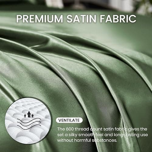 Revdomfly 4 Pcs Full Size Luxury Silky Soft Olive Green Satin Sheet Set,1 Premium Moisture Wicking Fitted Sheet Fits Up to 16 Inches Deep Pocket + 1 Flat Sheet + 2 Pillowcases（Olive Green, Full） thumbnail 4
