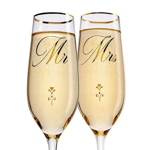 Bride and Groom Champagne Glasses (8 oz), Gold Print Mr and Mrs Glasses for Wedding Glasses and Toasting Flutes, Bridal Shower Gifts, Engagement Gift, Comes with Gift Box and Note Card thumbnail 3