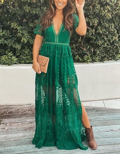 Eleter Women's Deep V-Neck Lace Romper Short Sleeve Long Dress thumbnail 2