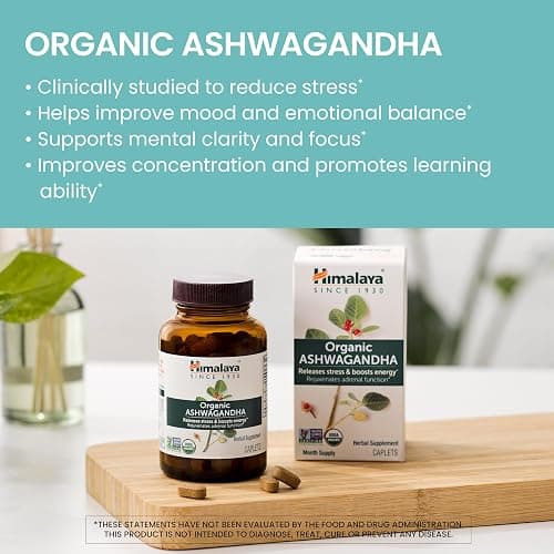 Himalaya Organic Ashwagandha Root, 60 Day Supply - Herbal Adrenal Support Supplements for Stress Relief and Energy Support - USDA Organic, Non-GMO, Vegan, Gluten Free, No Additives, 670 mg, 60 Caplets thumbnail 2