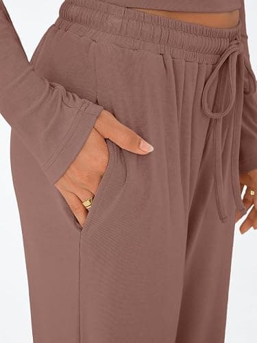 Trendy Queen Women's 2 Piece Matching Lounge Set Long Sleeve Slightly Crop Top Wide Leg Pants Casual Sweatsuit thumbnail 5