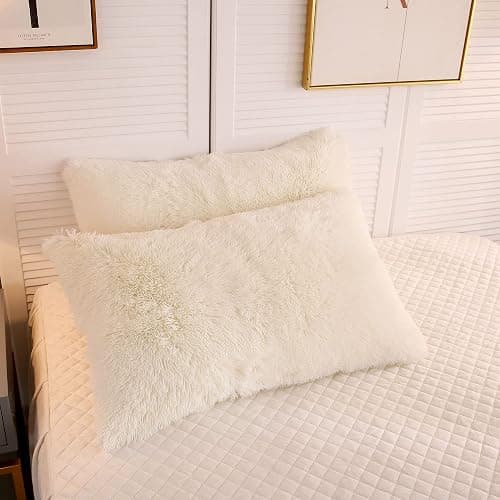 LIFEREVO Fluffy Faux Fur Standard Pillow Cases Set of 2, Beige | Soft Plush Shaggy Bed Pillowcases 20x26 with Hidden Zipper, Washable Decorative Fuzzy Long Pillow Shams for Bed Sofa Office - Image 1