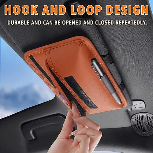 HOLDCY Car Visor Organizer – Sun Visor Storage Pouch Holder for Vehicle Truck SUV, PU Leather Auto Interior Accessories for Registration Document, Gas Card & Sunglasses, Universal Fit (Oranger) thumbnail 7