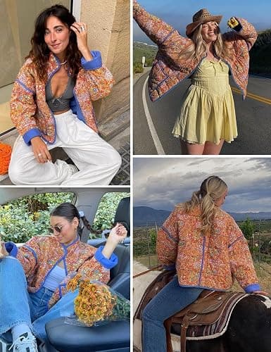 Wyeysyt Women's Cropped Quilted Jacket Floral Print Puffer Jackets Open Front Lightweight Jacket thumbnail 5