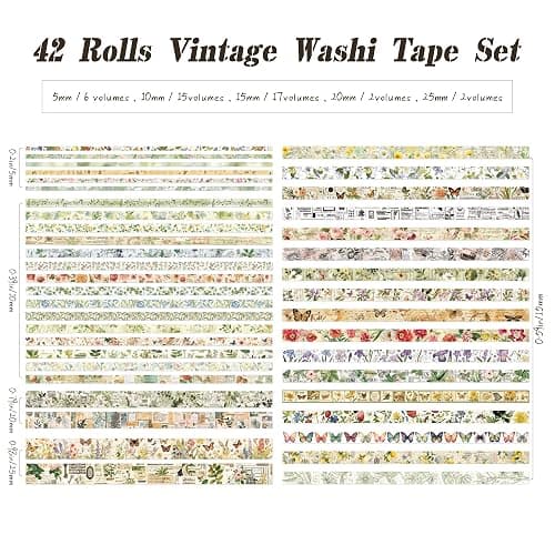 42 Rolls Vintage Washi Tape Set, Delicate Butterfly & Lush Floral Botanical Themed Writable Decorative Tapes with Retro Elements for Scrapbooking, Junk Journal Supplies, Bullet Journaling 5-25mm Wide thumbnail 2