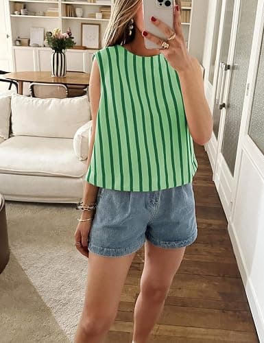 Xiaoxuemeng Womens Striped Top Sleeveless Cotton Tank Top Crewneck Casual Summer Vests thumbnail 2