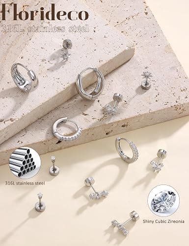 Florideco Hypoallergenic Flat Back Earrings for Women Trendy Surgical Steel Earrings for Sensitive Ears 14K Gold Plated Cartilage Earring Stacks FlatBack Stud Earring Set for Multiple Piercing thumbnail 6