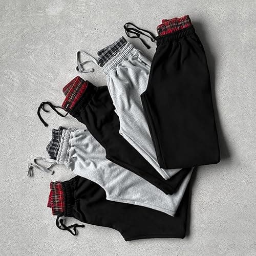 Double Waisted Sweatpants Men Vintage Plaid Double Waist Sweats Elastic Waisted Drawstring Loungewear Track Pants thumbnail 4