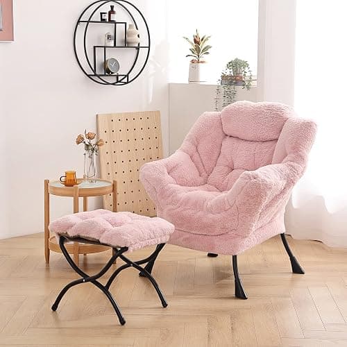 LITA Lazy Chair with Ottoman, Modern Accent Leisure Upholstered Sofa, Contemporary Lounge Reading Chair with Armrests and a Side Pocket for Living Room, Bedroom & Small Spaces, Plush Pink thumbnail 2