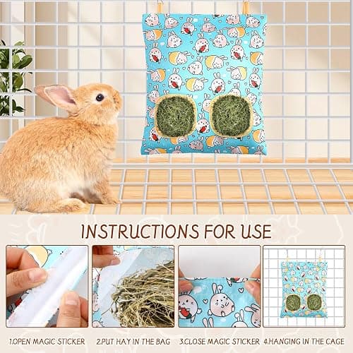UPINS 3 Hay Bag for Rabbits 2-Hole Hanging Hay Feeder Guinea Pig Hay Bags, Hay Feeder for Rabbits Chinchillas Hamsters Small Pets and Animals(Light Color) thumbnail 6