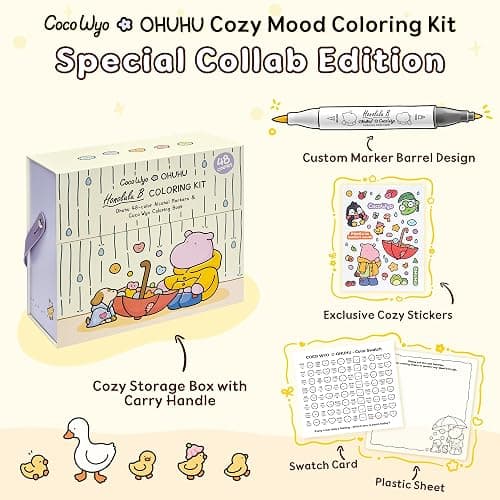 Ohuhu × Coco Wyo Coloring Set 48 Alcohol Markers& Coloring Book Brush& Fine | Co-branded Coloring Kit, 48-color Dual Tips Honolulu B, for Adults Beginners Artists Cozy Coloring, Great Gift Idea thumbnail 3