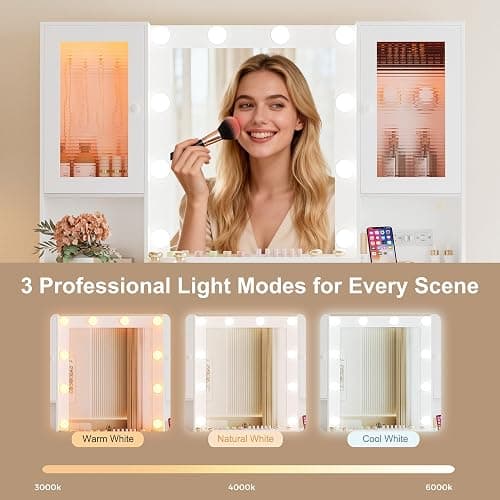 ERLEJIA Vanity Desk with Mirror and Lights, 42.52" 9 Drawer Makeup Table with 2 RGB Lighting Cabinets and Power Outlet for Girls and Ladies Bedroom, White thumbnail 4