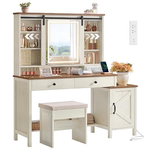VASAGLE LIRY Collection - Vanity Desk with Mirror and Lights, Farmhouse Makeup Vanity with Stool, Charging Station, 2 Drawers, Jewelry Storage, for Bedroom, Rustic White and Honey Brown URDT135W01S - Image 1