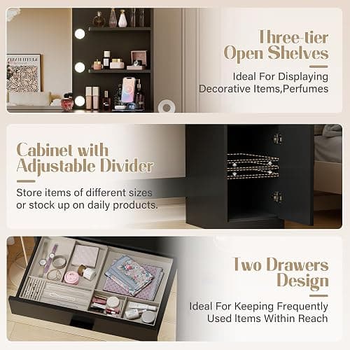 JUMMICO 35.4" Vanity Desk with LED Mirror & Power Outlet, Makeup Vanity Table with 3 Open Storage Shelves, Drawers and Cabinet, 3 Model Adjustable Lights for Bedroom & Dressing Room (Black) thumbnail 6