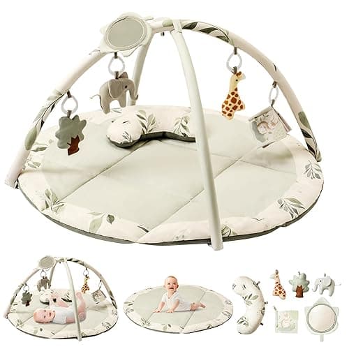 Fortella Spielbogen Baby, Spielmatte mit Bauchzeit Kissen und 5 Sensorik Spielzeug Abnehmbarem,Naturthemen Krabbeldecke für Babys ab der Geburt, Neugeborene & Kinder, 0-6-9-12 Monate-Salbeigrün - Salbeigrün
