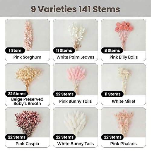 LUXEEASE DIY Boho Dried Flowers Bouquet 141 Stems, 9 Kinds Natural Preserved Flowers (Pink/White) Mini Dried Flower Arrangements for Home Wedding Centerpiece thumbnail 3