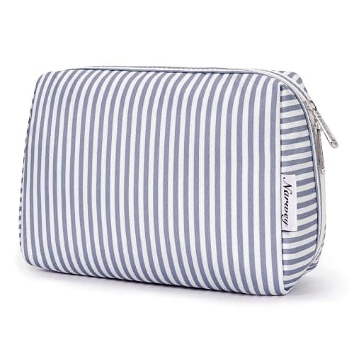 Narwey Striped Makeup Bag Travel Cosmetic Bag Organizer Toiletry Bag Make Up Bags with Compartments for Women Girls (Large, Greyish Blue Stripe) - Image 1