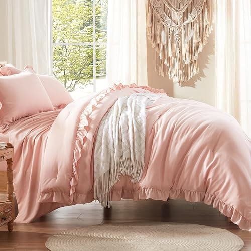Anluoer Full Comforter Set 7 Piece, Pink Bed in a Bag with Shams, All Season Ruffle Shabby Chic Bedding Sets with 1 Comforter, 2 Pillow Shams, 2 Pillowcases, 1 Flat Sheet thumbnail 4
