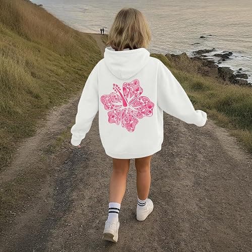 Lubpow Cute Pink Hoodie Kids Girls Aesthetic Preppy Hibiscus Flower Puff Hoodies Kawaii Hawaii Palm Beach Graphic Pullover thumbnail 6