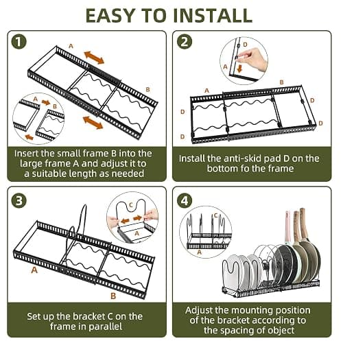 ROOHUA Pot Rack -Expandable Pan Organizer for Cabinet, Lid Holder with 10 Adjustable Compartment for Kitchen Cabinet Cookware Baking Frying Rack thumbnail 7