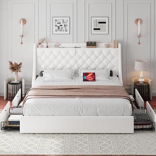 iPormis Full Size Bed Frame with 4 Storage Drawers, Upholstered Platform Bed Frame with Type-C & USB Ports, Wingback Storage Headboard, Solid Wood Slats, No Box Spring Needed, White thumbnail 3