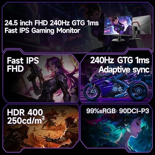 KOORUI - 24.5" Gaming Monitor, 240Hz, IPS FHD 1ms, HDR400 | 1920x1080p Computer Monitor, 90% DCI-P3, 128% sRGB, HDMI2.0 DP, VESA Tilt Adjustable for Xbox PS5 Switch thumbnail 2