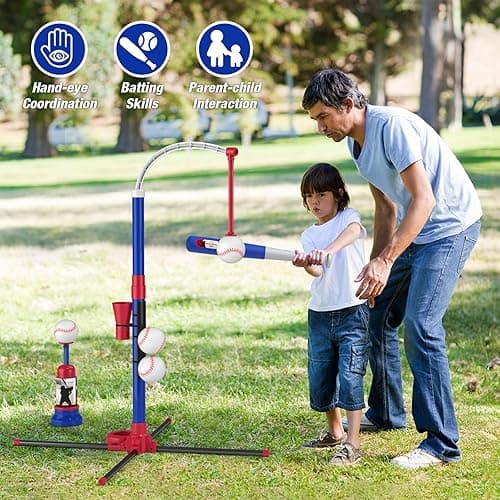 HYES 3-in-1 Baseball Set for Kids 3-5 - Tee Ball Stand, Hanging Tee, Ball Launcher and 6 Softballs - Adjustable Height, Indoor/Outdoor Sport Gifts for Boys, Blue - 3in1-blue thumbnail 6