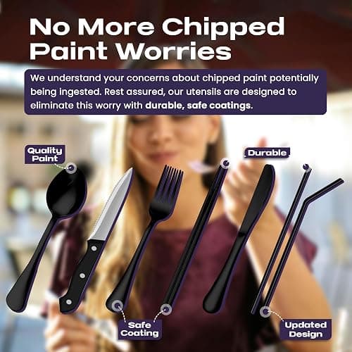 Taplord Portable Travel Silverware Set With Case, Includes 10 Pcs of Travel Utensils With Case, Stainless Steel Flatware Set For Camping, Lightweight (Black) thumbnail 3