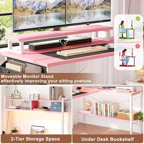 Aheaplus L Shaped Gaming Desk with Power Outlets & LED Lights, Small L- Shaped Desk Computer Corner Desk with Monitor Stand & Storage Shelf, Home Office Desk Writing Desk with Storage Bag, Pink thumbnail 6
