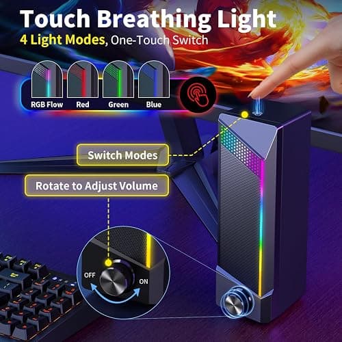 Computer Speakers, 2 in 1 PC Speaker , Gaming Speakers for PC Computer Laptop Desktop Monitor, RGB Speakers with Touch Sensitive Lighting, USB Powered 3.5mm Aux（Package Only Two Speaker, No Soundbar） thumbnail 4