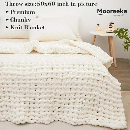 Mooreeke Chunky Knit Blanket 40"x50" White Cream Soft Washable Chenille Throw Blanket Cozy 100% Handmade Crochet Blankets with Jumbo Chenille Yarn for Couch Bed Sofa Room Decor thumbnail 3