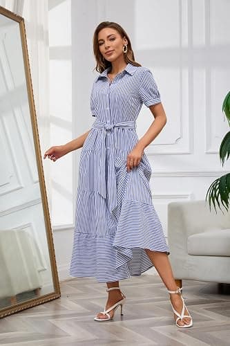 utcoco Womens Casual Short Sleeve Button Down Tie Waist Ruffled Striped Maxi Shirt Dress thumbnail 2