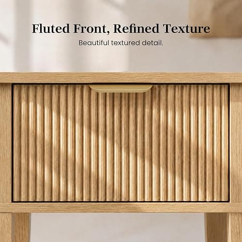 RIHHA Natural Oak 15.4" Wide Small Nightstand with Drawer,Open Shelf,Fluted | Light oak tone, ribbed fluted front, 11.8-inch slim depth, concealed storage, airy fit for bedside, sofa side, or chair side thumbnail 3