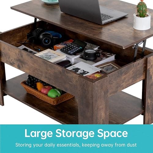 FDW Lift Top Coffee Table with Hidden Compartment and Storage Shelf Wooden Lift Tabletop for Home Living Room Reception Room Office,39.4",Brown thumbnail 5