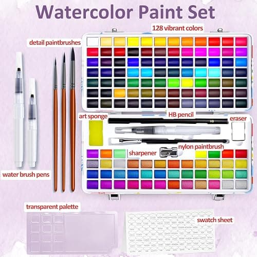 Caliart 128 Colors Watercolor Paint Set, Portable Art Supplies Palette Kit | Water Color Paints with Detail Paintbrush, Art Coloring Painting Gifts for Adults Professionals Beginners Artists thumbnail 2